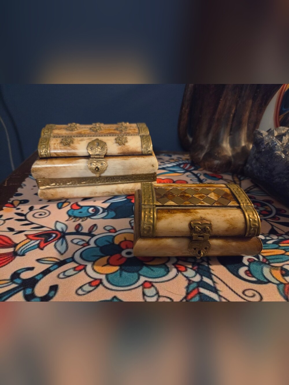 90's Carved Camel Bone Trinket Boxes with Brass Accents